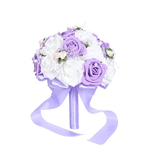 PRETYZOOM Wedding Flower Bouquet with Ribbon Bride Bridal Foam Bouquets Bridesmaid Bouquet Artificial Flowers Arrangements Photography Props for Wedding Party Decoration (Purple)