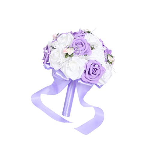 PRETYZOOM Wedding Flower Bouquet with Ribbon Bride Bridal Foam Bouquets Bridesmaid Bouquet Artificial Flowers Arrangements Photography Props for Wedding Party Decoration (Purple)