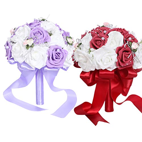 PRETYZOOM Wedding Flower Bouquet with Ribbon Bride Bridal Foam Bouquets Bridesmaid Bouquet Artificial Flowers Arrangements Photography Props for Wedding Party Decoration (Purple)