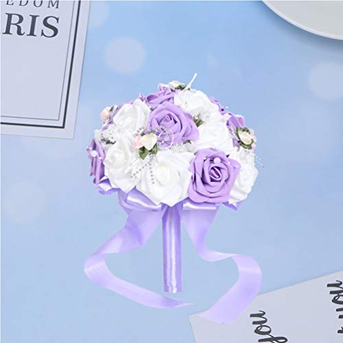 PRETYZOOM Wedding Flower Bouquet with Ribbon Bride Bridal Foam Bouquets Bridesmaid Bouquet Artificial Flowers Arrangements Photography Props for Wedding Party Decoration (Purple)