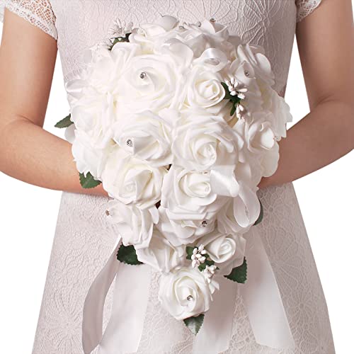 White Foam Rose Wedding Bouquet, Handmade