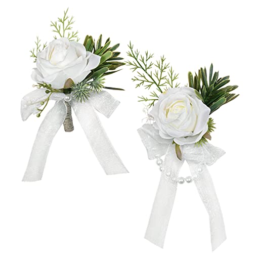 White Wedding Corsage and Boutonniere Set