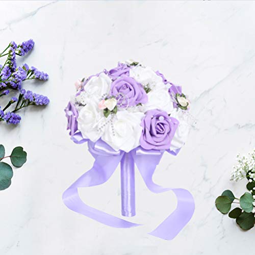PRETYZOOM Wedding Flower Bouquet with Ribbon Bride Bridal Foam Bouquets Bridesmaid Bouquet Artificial Flowers Arrangements Photography Props for Wedding Party Decoration (Purple)