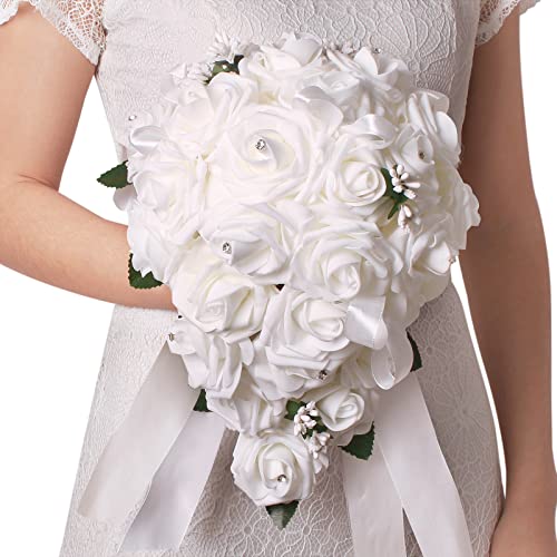 White Foam Rose Wedding Bouquet, Handmade