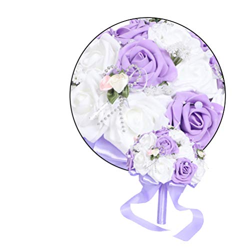 PRETYZOOM Wedding Flower Bouquet with Ribbon Bride Bridal Foam Bouquets Bridesmaid Bouquet Artificial Flowers Arrangements Photography Props for Wedding Party Decoration (Purple)