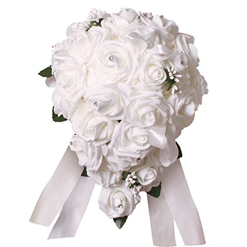 White Foam Rose Wedding Bouquet, Handmade