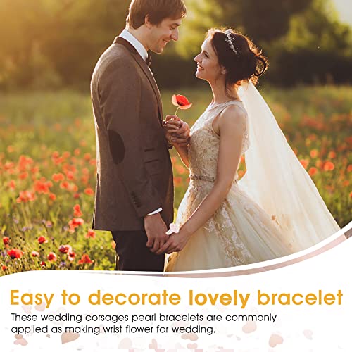 Sibba 8 Pieces Elastic Pearl Wrist Bands Lace Corsage Bracelet Wrist Corsage Bands Wedding Corsages Wristlets DIY Wrist Corsages Accessories for Wedding Festival Beach Party