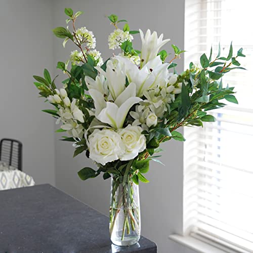 White Lily and Rose Bouquet with Delphiniums