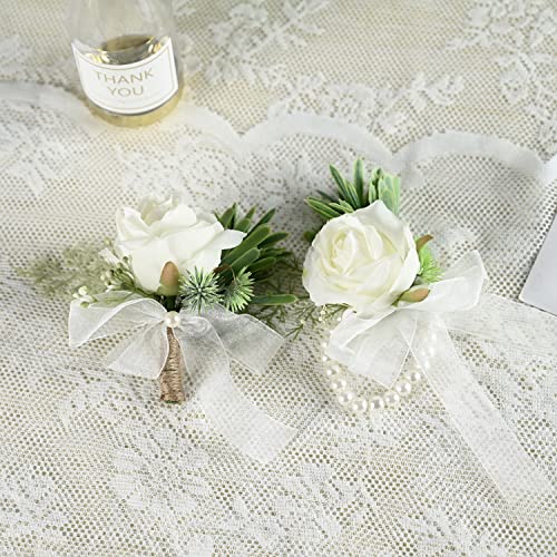 White Wedding Corsage and Boutonniere Set