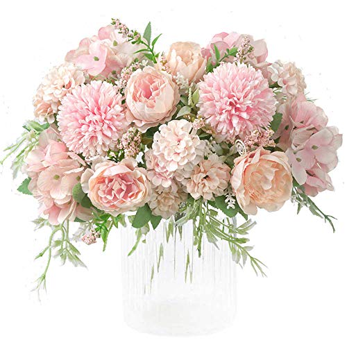KIRIFLY Artificial Flowers, Fake Peony Silk Hydrangea Bouquet Decor Plastic Carnations Realistic Flower Arrangements Wedding Decoration Table Centerpieces(Light Pink)