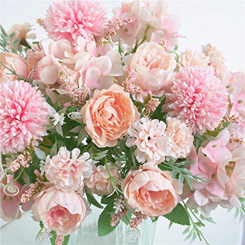 KIRIFLY Artificial Flowers, Fake Peony Silk Hydrangea Bouquet Decor Plastic Carnations Realistic Flower Arrangements Wedding Decoration Table Centerpieces(Light Pink)