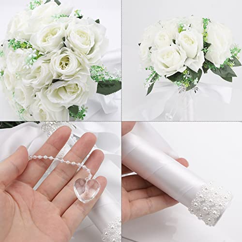 Gukasxi Bridal Bouquet Artificial Rose and Wrist Flower,Wedding Bouquets for Bride Bridesmaid Bouquet Wedding Romantic Bouquet Bride Artificial Flowers Valentine's Day Confession Party Church