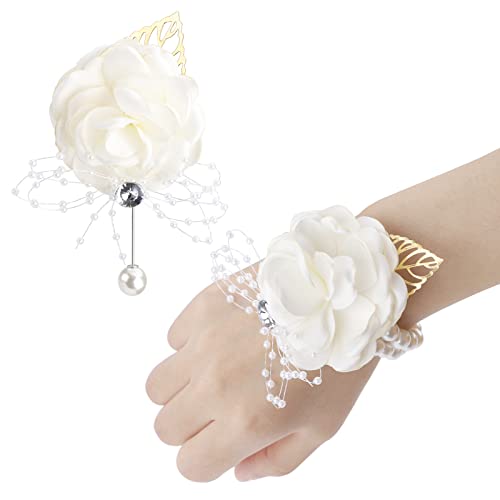 White satin rose corsage and boutonniere set