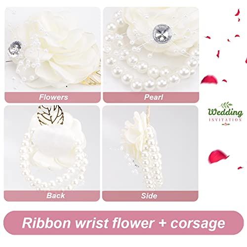 White satin rose corsage and boutonniere set