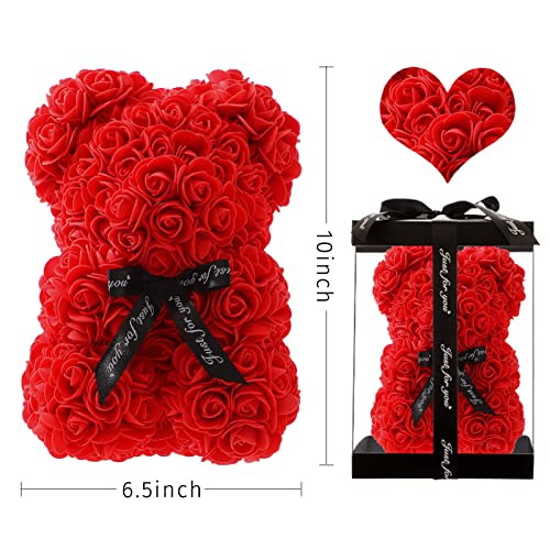Rose Bear,Handmade Rose Teddy Bear, for Girlfriend and Daughter,10-inch Rose Flower Bear Gifts for Valentine's Day,Mother's Day,Wedding,Anniversary's Clear Gift Box(Red)