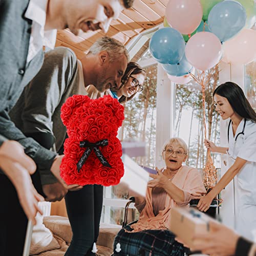 Rose Bear,Handmade Rose Teddy Bear, for Girlfriend and Daughter,10-inch Rose Flower Bear Gifts for Valentine's Day,Mother's Day,Wedding,Anniversary's Clear Gift Box(Red)