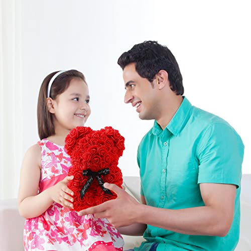 Rose Bear,Handmade Rose Teddy Bear, for Girlfriend and Daughter,10-inch Rose Flower Bear Gifts for Valentine's Day,Mother's Day,Wedding,Anniversary's Clear Gift Box(Red)