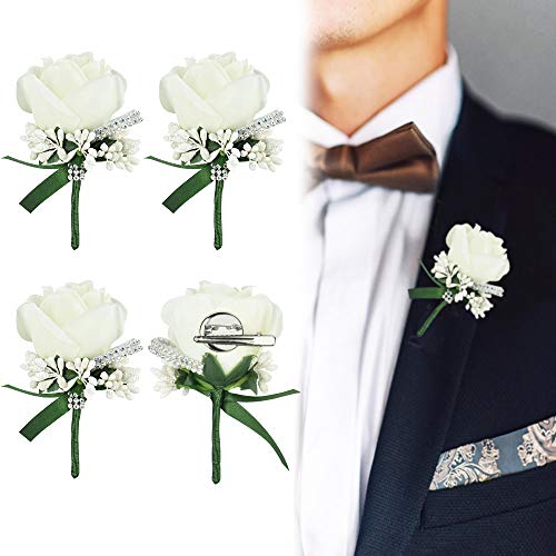 White Rose Wedding Boutonnieres with Pin & Clip