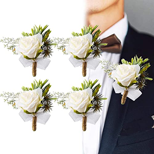 Twshiny 4 PCS Buttonhole Corsage , Rose Wedding Boutonniere White Handmade Corsage Buttonholes Flowers Wedding Corsage Bracelet Corsage Flowers For Wedding Groom Men Bridal Women Suit Dress