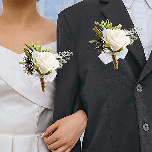 Twshiny 4 PCS Buttonhole Corsage , Rose Wedding Boutonniere White Handmade Corsage Buttonholes Flowers Wedding Corsage Bracelet Corsage Flowers For Wedding Groom Men Bridal Women Suit Dress