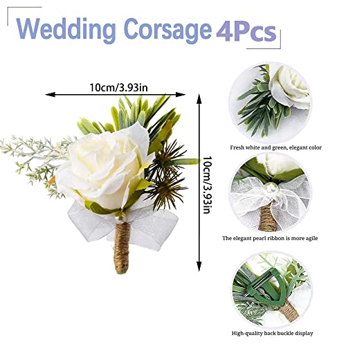 Twshiny 4 PCS Buttonhole Corsage , Rose Wedding Boutonniere White Handmade Corsage Buttonholes Flowers Wedding Corsage Bracelet Corsage Flowers For Wedding Groom Men Bridal Women Suit Dress