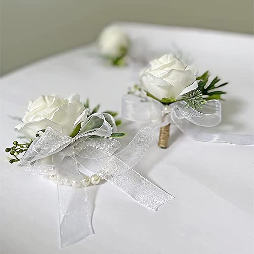 Twshiny 4 PCS Buttonhole Corsage , Rose Wedding Boutonniere White Handmade Corsage Buttonholes Flowers Wedding Corsage Bracelet Corsage Flowers For Wedding Groom Men Bridal Women Suit Dress