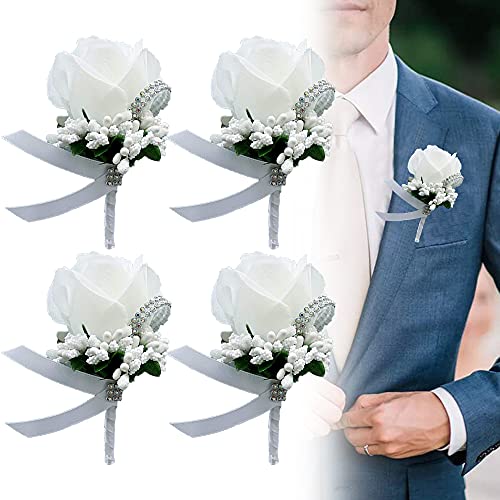 White Rose Wedding Boutonnieres - Set of 4