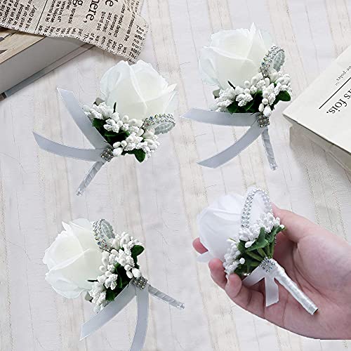White Rose Wedding Boutonnieres - Set of 4