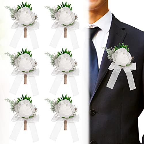 White Rose Wedding Boutonniere for Groom & Bride