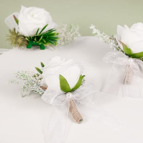 White Rose Wedding Boutonniere for Groom & Bride