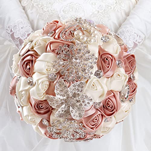 Fouriding Hand Made Diamond Pearl Satin Roses Bridesmaid Bridal Artificial Bouquets Customization Bride Holding Bouquet Wedding for Photo Shooting, Valentine's Day, Birthday,Creystal Pink
