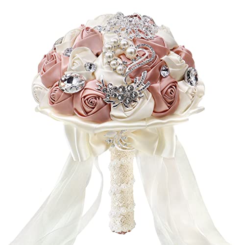 Fouriding Hand Made Diamond Pearl Satin Roses Bridesmaid Bridal Artificial Bouquets Customization Bride Holding Bouquet Wedding for Photo Shooting, Valentine's Day, Birthday,Creystal Pink