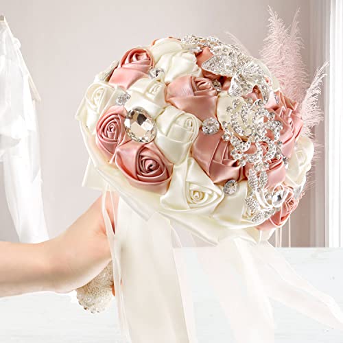 Fouriding Hand Made Diamond Pearl Satin Roses Bridesmaid Bridal Artificial Bouquets Customization Bride Holding Bouquet Wedding for Photo Shooting, Valentine's Day, Birthday,Creystal Pink