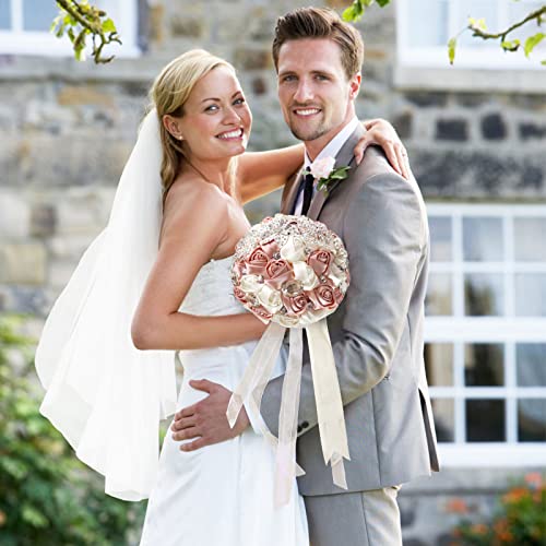 Fouriding Hand Made Diamond Pearl Satin Roses Bridesmaid Bridal Artificial Bouquets Customization Bride Holding Bouquet Wedding for Photo Shooting, Valentine's Day, Birthday,Creystal Pink