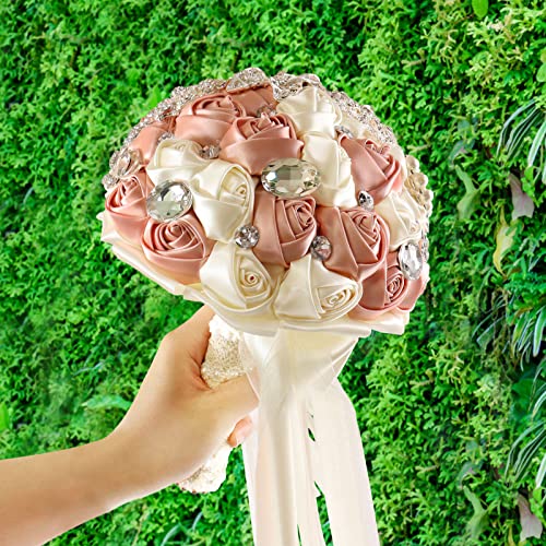 Fouriding Hand Made Diamond Pearl Satin Roses Bridesmaid Bridal Artificial Bouquets Customization Bride Holding Bouquet Wedding for Photo Shooting, Valentine's Day, Birthday,Creystal Pink