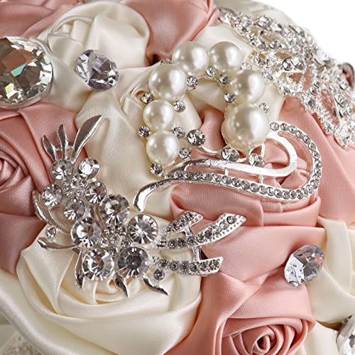 Fouriding Hand Made Diamond Pearl Satin Roses Bridesmaid Bridal Artificial Bouquets Customization Bride Holding Bouquet Wedding for Photo Shooting, Valentine's Day, Birthday,Creystal Pink