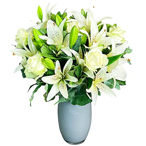 White Harmony - White Rose and Lily Fresh Flowers Delivered, Luxury Bouquet with Free UK Next Day Delivery, with Message Card Real Flower Gift for Birthday, Anniversary, Thank You, Get Well Gifts