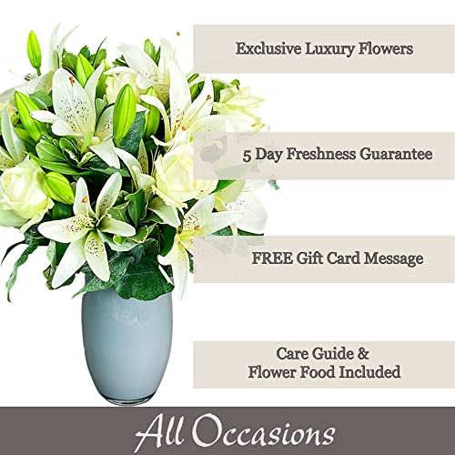 White Harmony - White Rose and Lily Fresh Flowers Delivered, Luxury Bouquet with Free UK Next Day Delivery, with Message Card Real Flower Gift for Birthday, Anniversary, Thank You, Get Well Gifts