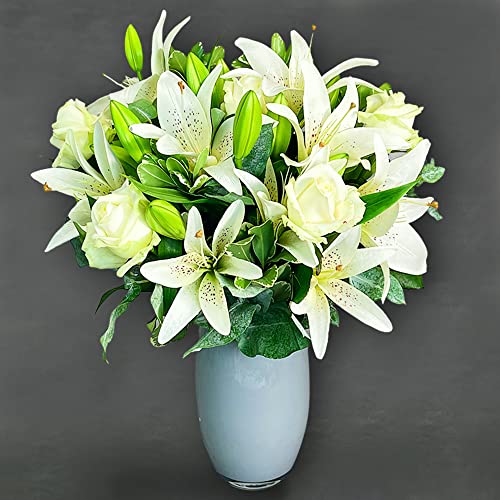 White Harmony - White Rose and Lily Fresh Flowers Delivered, Luxury Bouquet with Free UK Next Day Delivery, with Message Card Real Flower Gift for Birthday, Anniversary, Thank You, Get Well Gifts