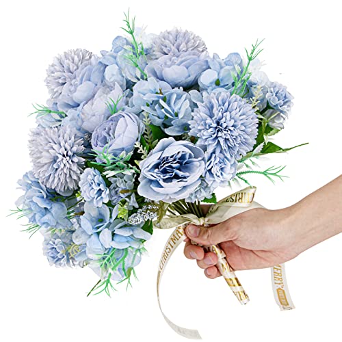 Realistic Blue Silk Flower Bouquet for Weddings and Home