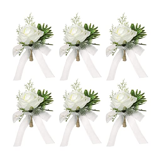 6 White Rose Boutonnieres for Weddings/Events