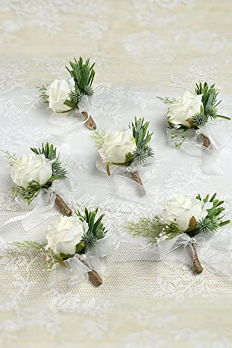 6 White Rose Boutonnieres for Weddings/Events