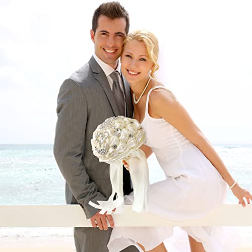 Fouriding Hand Made Diamond Pearl Satin Roses Bridesmaid Bridal Artificial Bouquets Customization Bride Holding Bouquet Wedding for Photo Shooting, Valentine's Day, Birthday,Creystal Creamy White