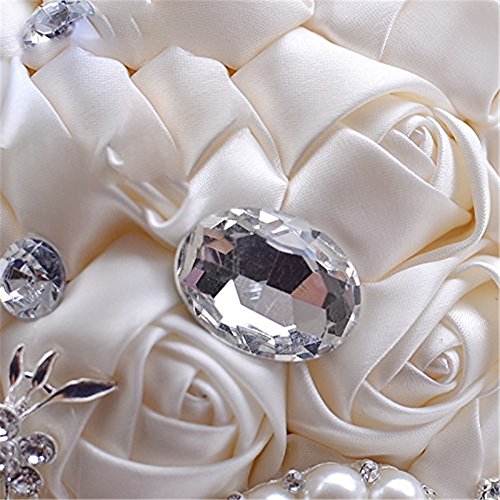 Fouriding Hand Made Diamond Pearl Satin Roses Bridesmaid Bridal Artificial Bouquets Customization Bride Holding Bouquet Wedding for Photo Shooting, Valentine's Day, Birthday,Creystal Creamy White