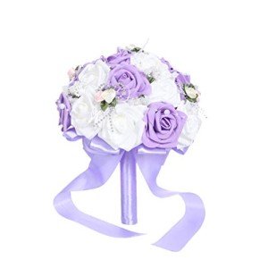 PRETYZOOM Wedding Flower Bouquet with Ribbon Bride Bridal Foam Bouquets Bridesmaid Bouquet Artificial Flowers Arrangements Photography Props for Wedding Party Decoration (Purple)