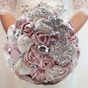 Fouriding Hand Made Diamond Pearl Satin Roses Bridesmaid Bridal Artificial Bouquets Customization Bride Holding Bouquet Wedding for Photo Shooting, Valentine's Day, Birthday,Creystal Pink