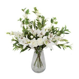 White Lily and Rose Bouquet with Delphiniums