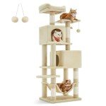 Feandrea Cat Tree, 61-Inch Cat Tower for Indoor Cats, Plush Multi-Level Cat Condo with 5 Scratching Posts, 2 Perches, 2 Caves, Hammock, 2 Pompoms, Beige UPCT192M01