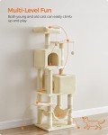Feandrea Cat Tree, 61-Inch Cat Tower for Indoor Cats, Plush Multi-Level Cat Condo with 5 Scratching Posts, 2 Perches, 2 Caves, Hammock, 2 Pompoms, Beige UPCT192M01