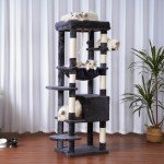 Heybly Cat Tree for Large Cats 20 lbs Heavy Duty,60 inches XXL Cat Tower for Indoor Cats,Multi-Level Cat Furniture Condo for Cats with Big Padded Plush Perch,Cozy Basket HCT050G